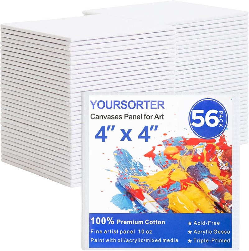 YOURSORTER Mini Canvas for Painting 4x4 inch, 56 Pack Bulk Small Painting Canvases for Novices & Artists, Gesso Primed Acid-Free 100% Cotton, Blank Canvas Boards Panels for Oil, Watercolor, Acrylic - Image 1